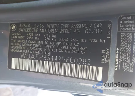 2002 BMW 325Xit из США, поврежденный, VIN WBAEP33442PF00982